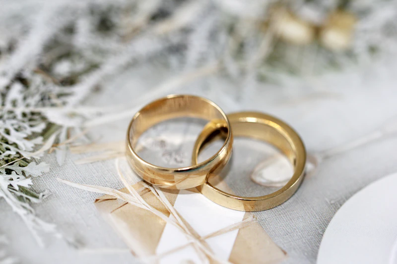 Two gold wedding bands resting on soft linen beside a sprig of frosted greenery